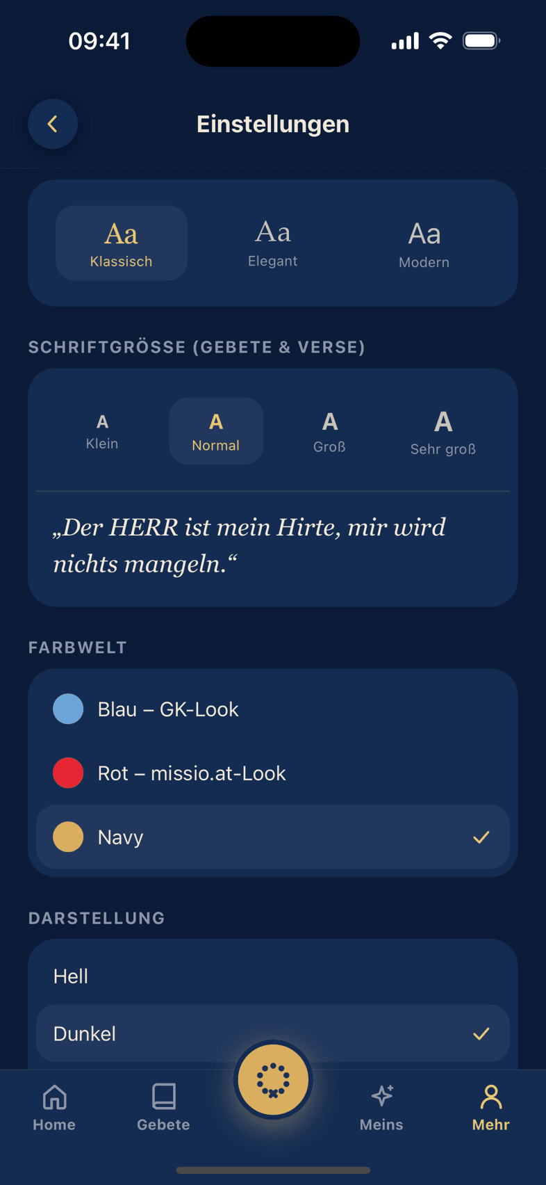 Einstellungen in der Farbwelt Navy, dunkler Modus