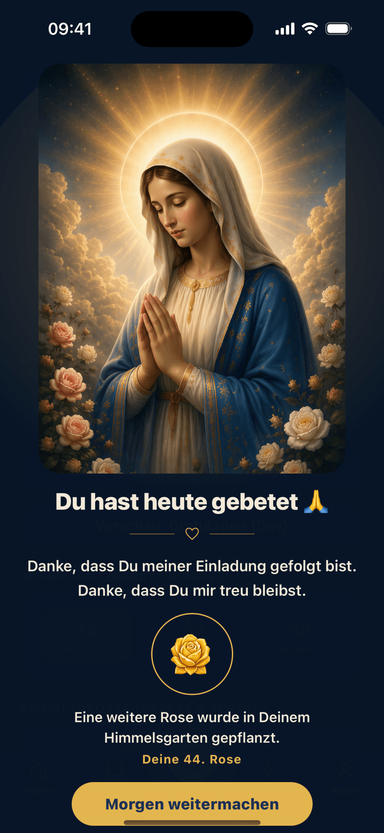 Der Abschluss-Moment: Maria im Himmelsgarten mit einer gepflanzten goldenen Rose