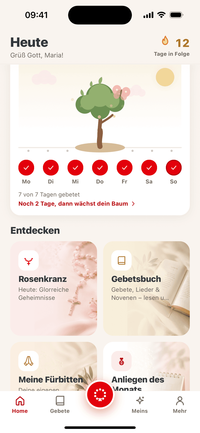 Startbildschirm mit dem Glaubensbaum, der Wochenübersicht und den vier Entdecken-Kacheln