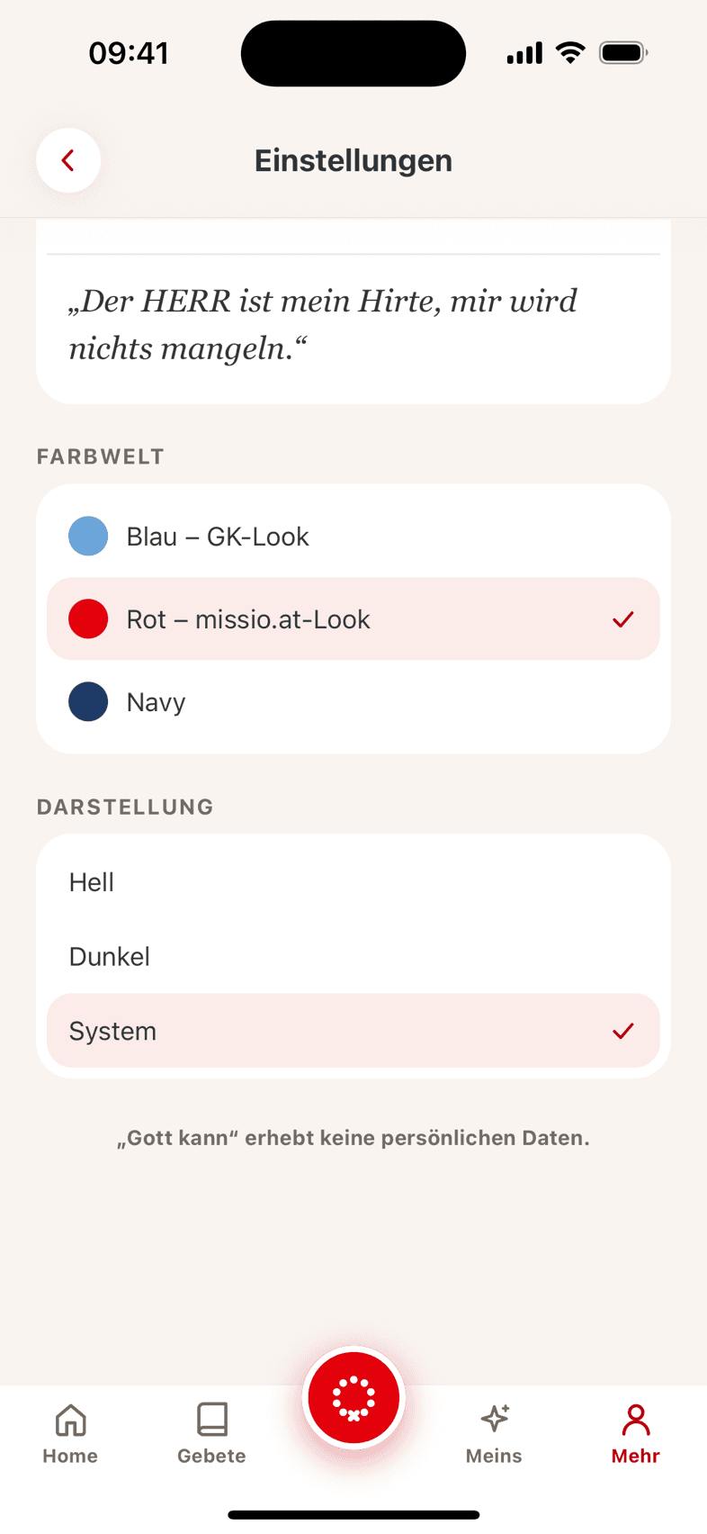 Einstellungen mit Schriftart, Schriftgröße, Farbwelt und Darstellung