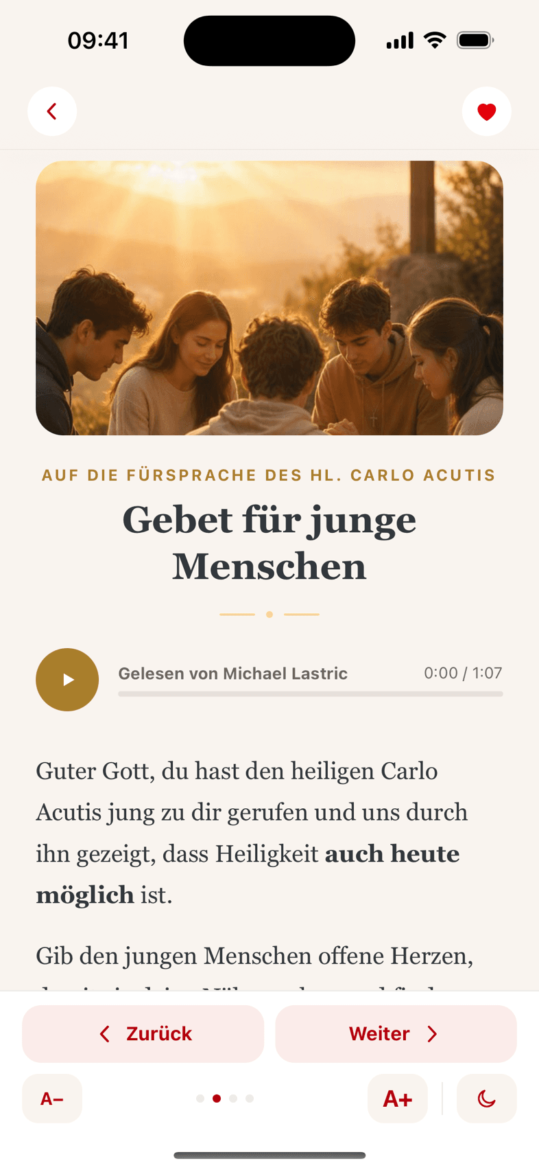 Gebet im Lesemodus mit Bild, Serif-Titel und Audio-Leiste