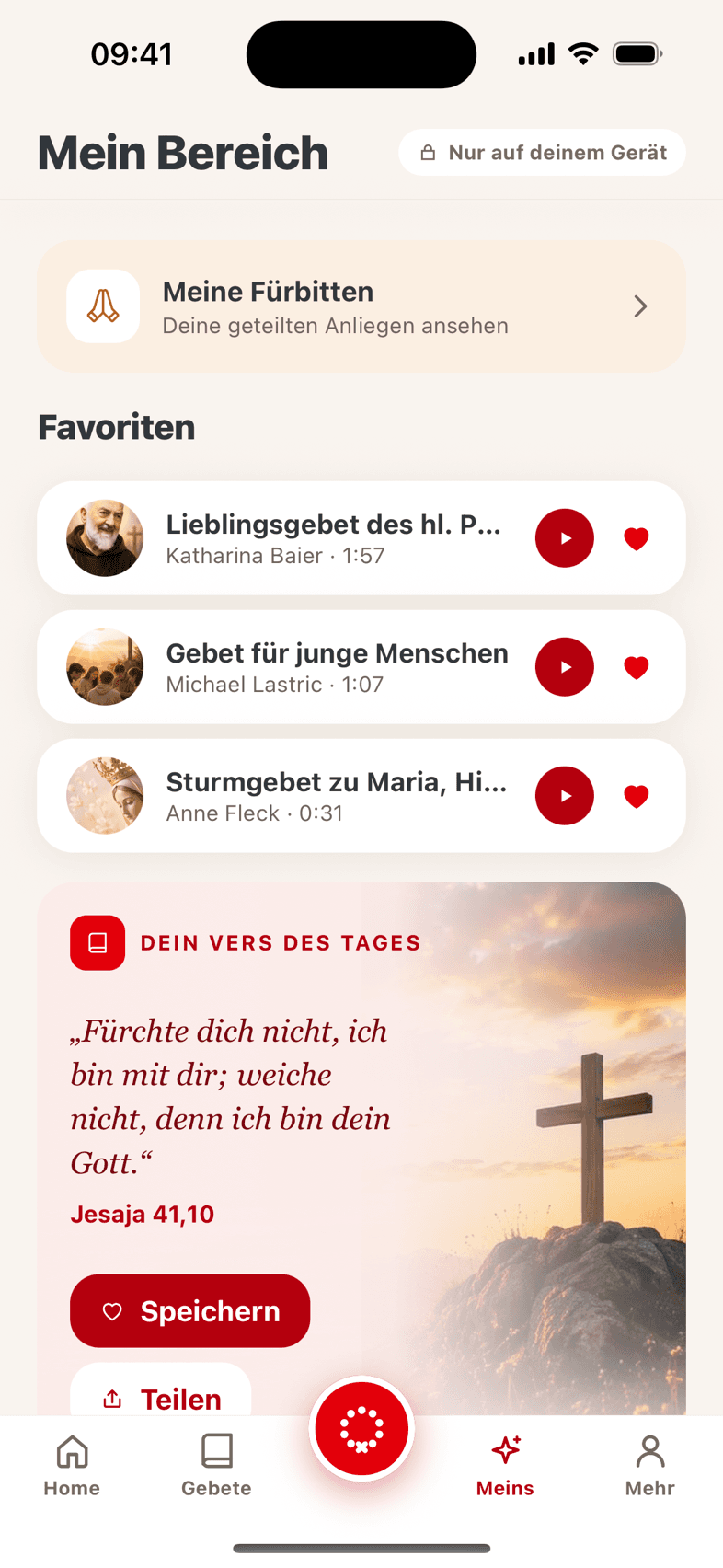 Mein Bereich mit Favoriten und der Karte „Dein Vers des Tages“