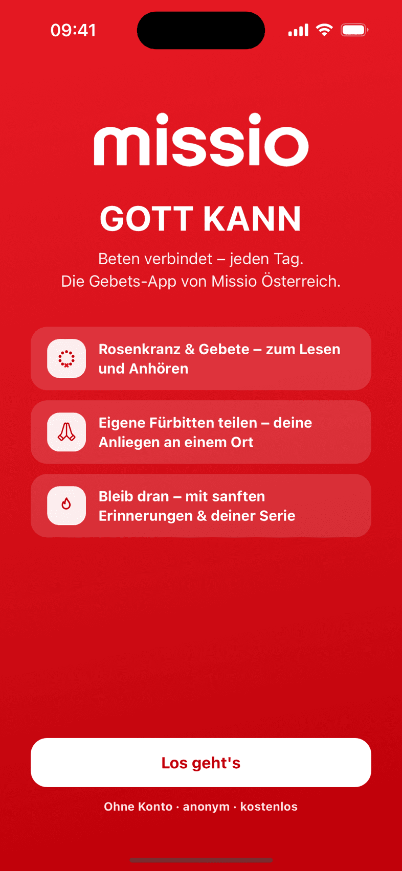 Willkommens-Bildschirm mit „Los geht's“ und dem Hinweis ohne Konto, anonym, kostenlos
