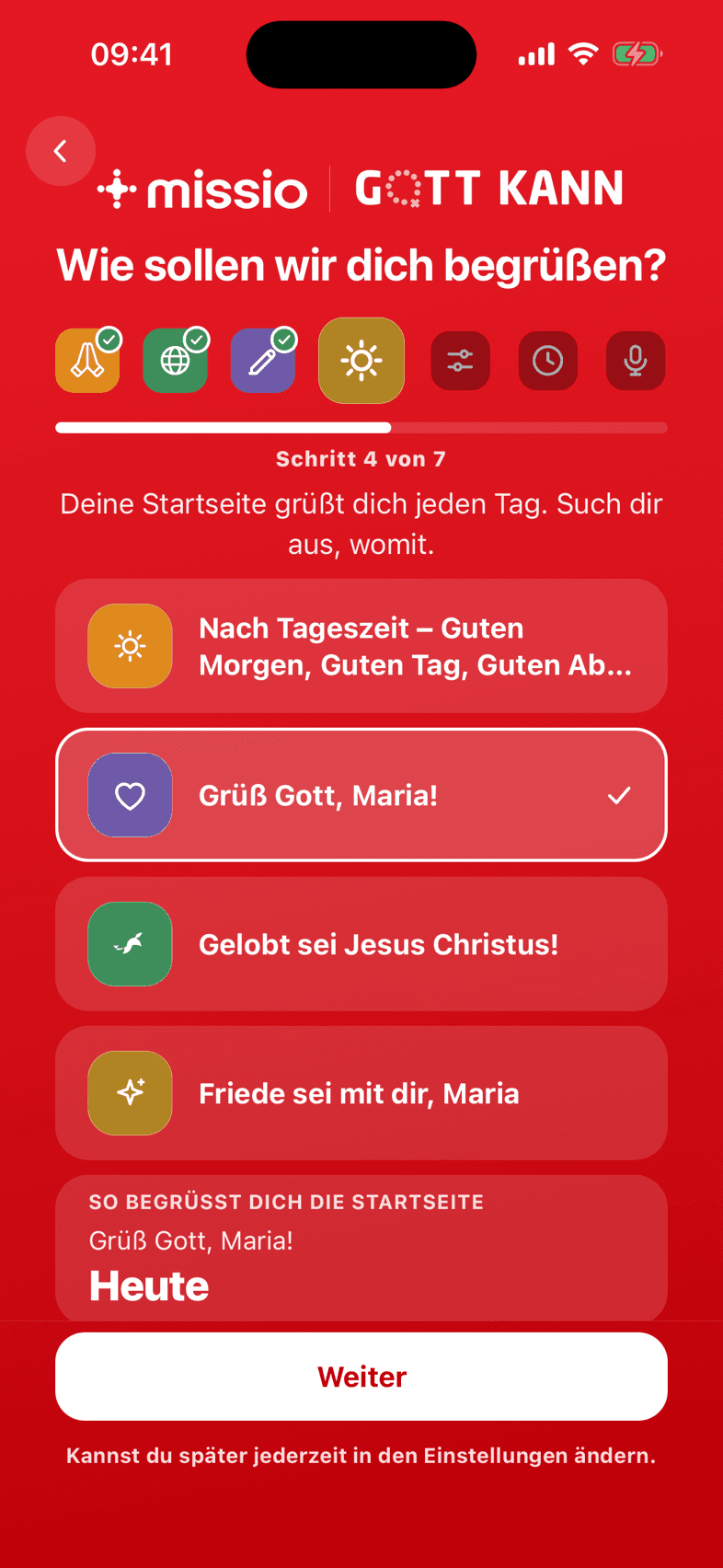 Auswahl der Begrüßung beim ersten Start