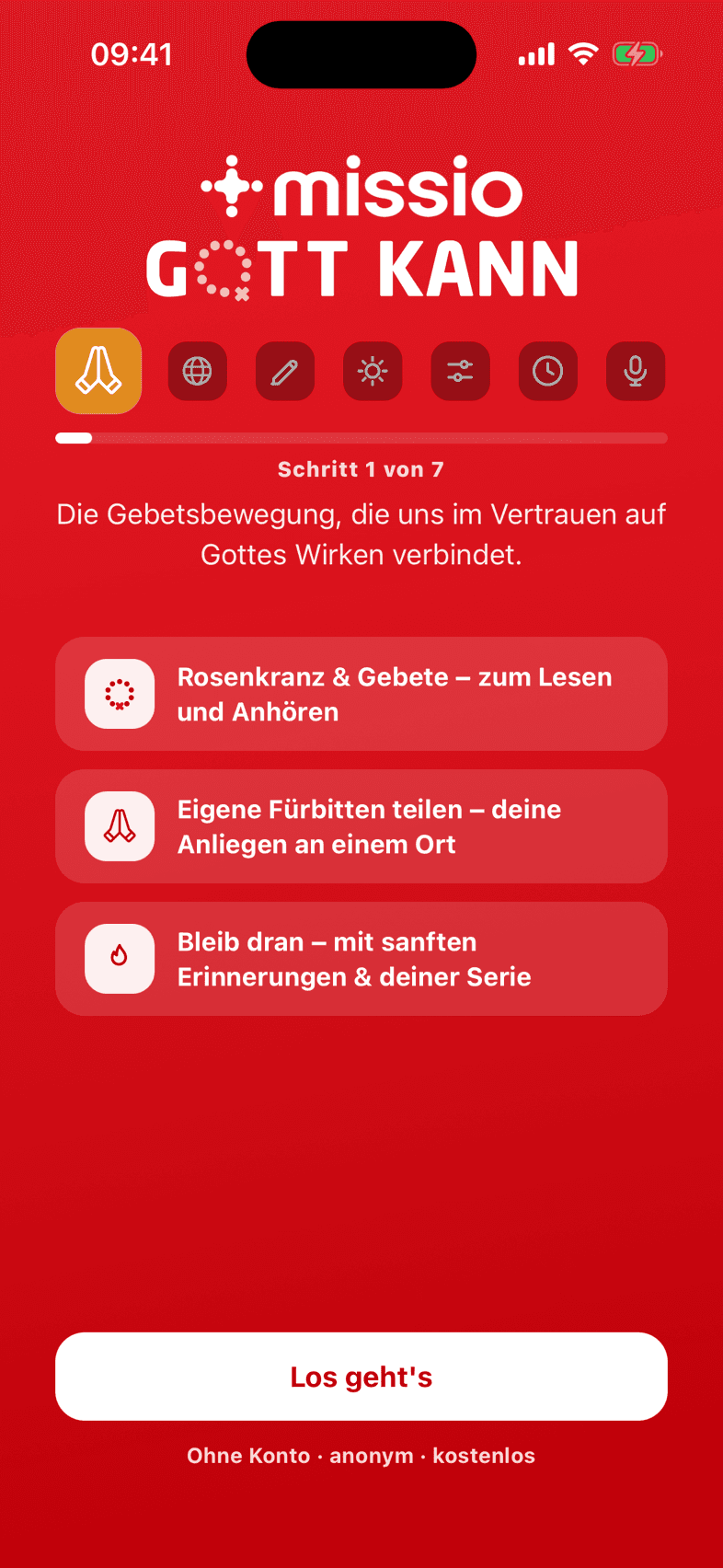 Willkommens-Bildschirm mit missio-Kreuz, der Wortmarke und „Los geht's“