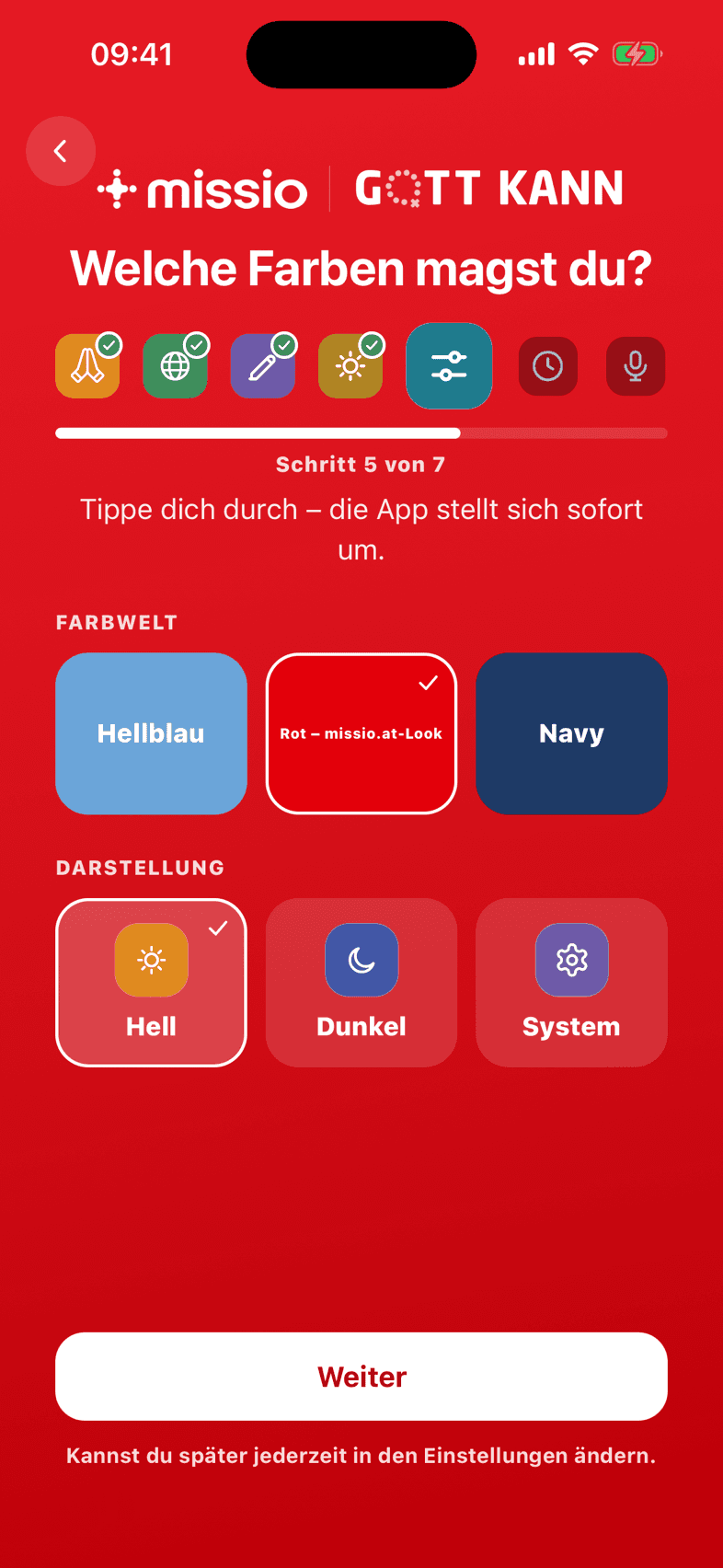 Auswahl der Farbwelt und der Darstellung beim ersten Start