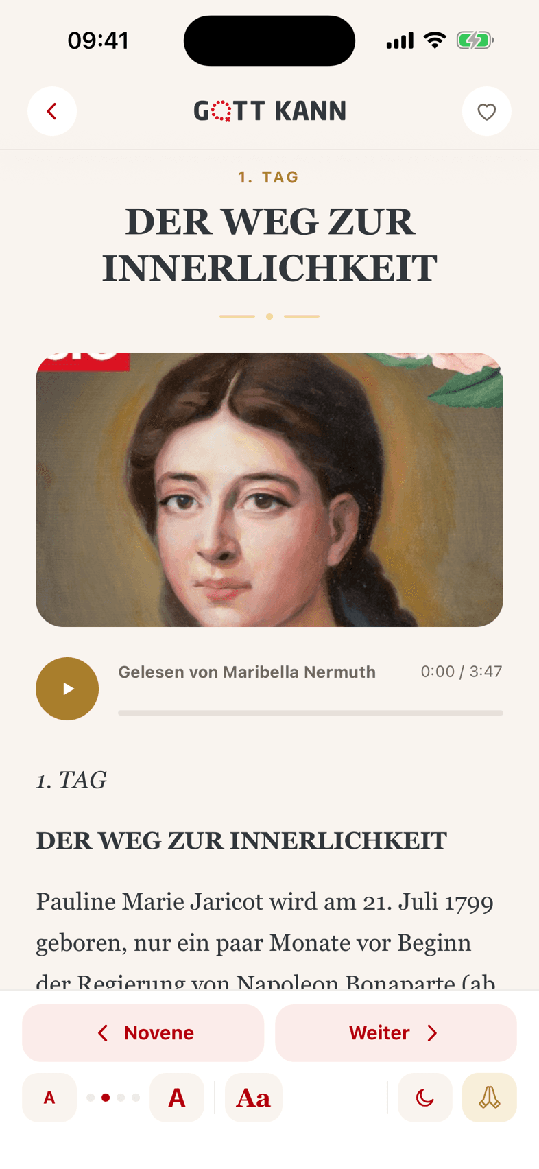 Gebet im Lesemodus mit Bild, Serif-Titel und Audio-Leiste