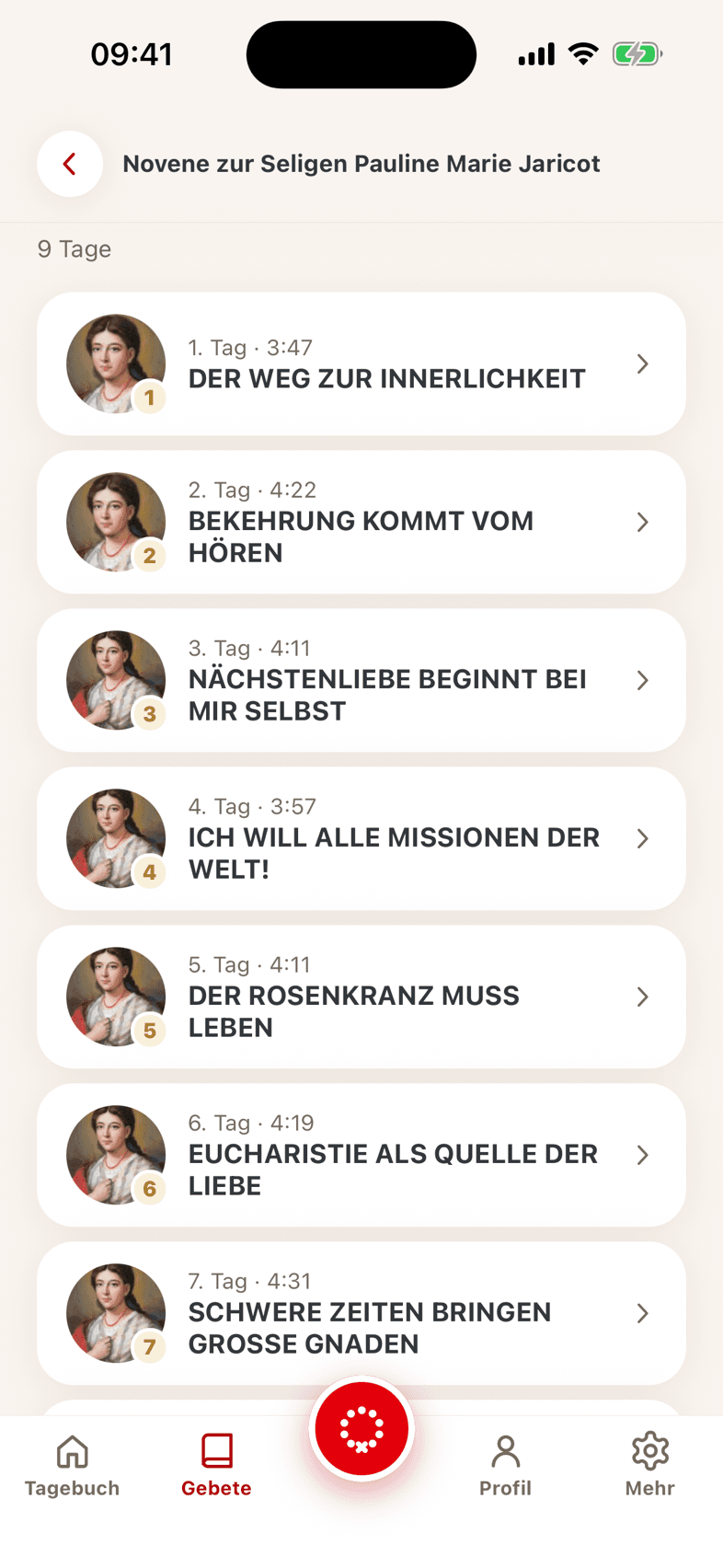 Eine Novene mit ihren neun Tagen als Liste