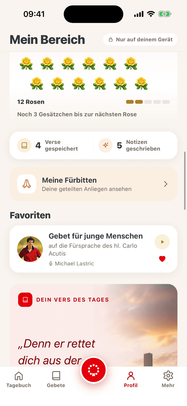 Profil mit Favoriten und der Karte „Dein Vers des Tages“