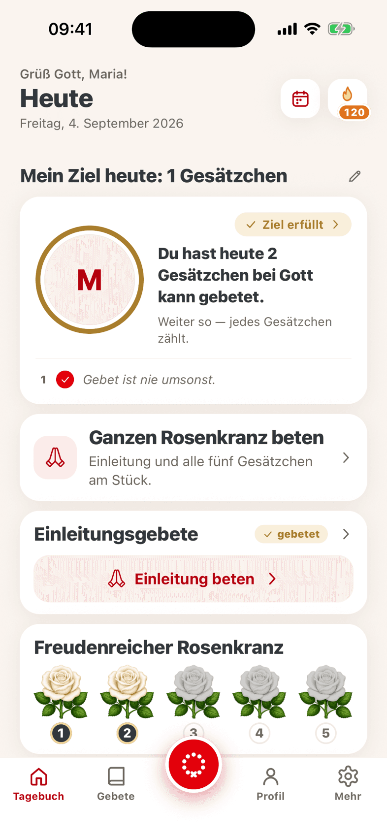 Die Startseite der App mit Begrüßung, Tagesziel und der Rosen-Girlande