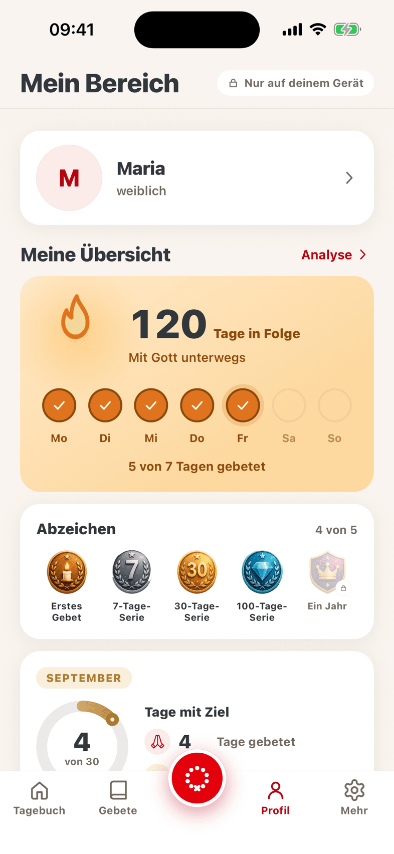Übersicht der Gebetszeit mit Serie, Monatskarte und Verlauf